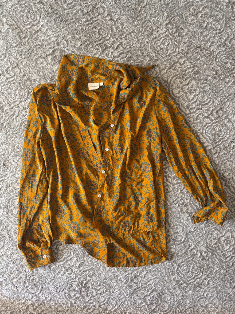 Women’s 100% Silk Floral Button-Up Blouse - Mustard Yellow